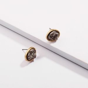 Grey Metallic Druzy Pebble Shaped Stud Earring